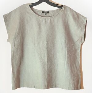 Quince Linen Top M Olive Green Boxy Crop Shirt Minimalist Relaxed Casual Basic